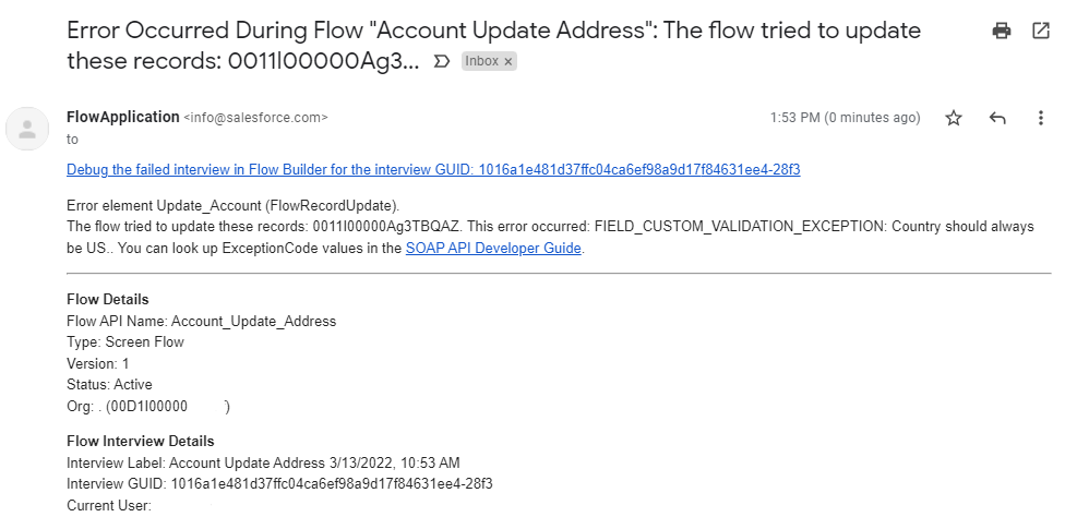 Example image of email received from unhandled errors in Salesforce Flows