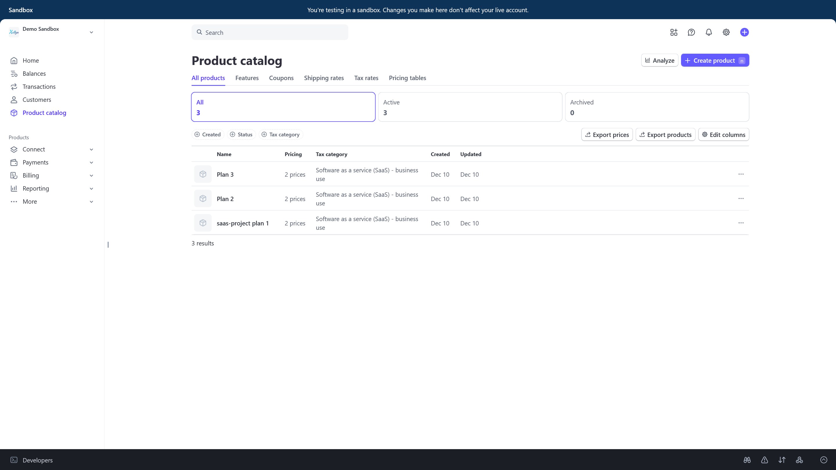 Stripe image showing all subscription plans for customer.