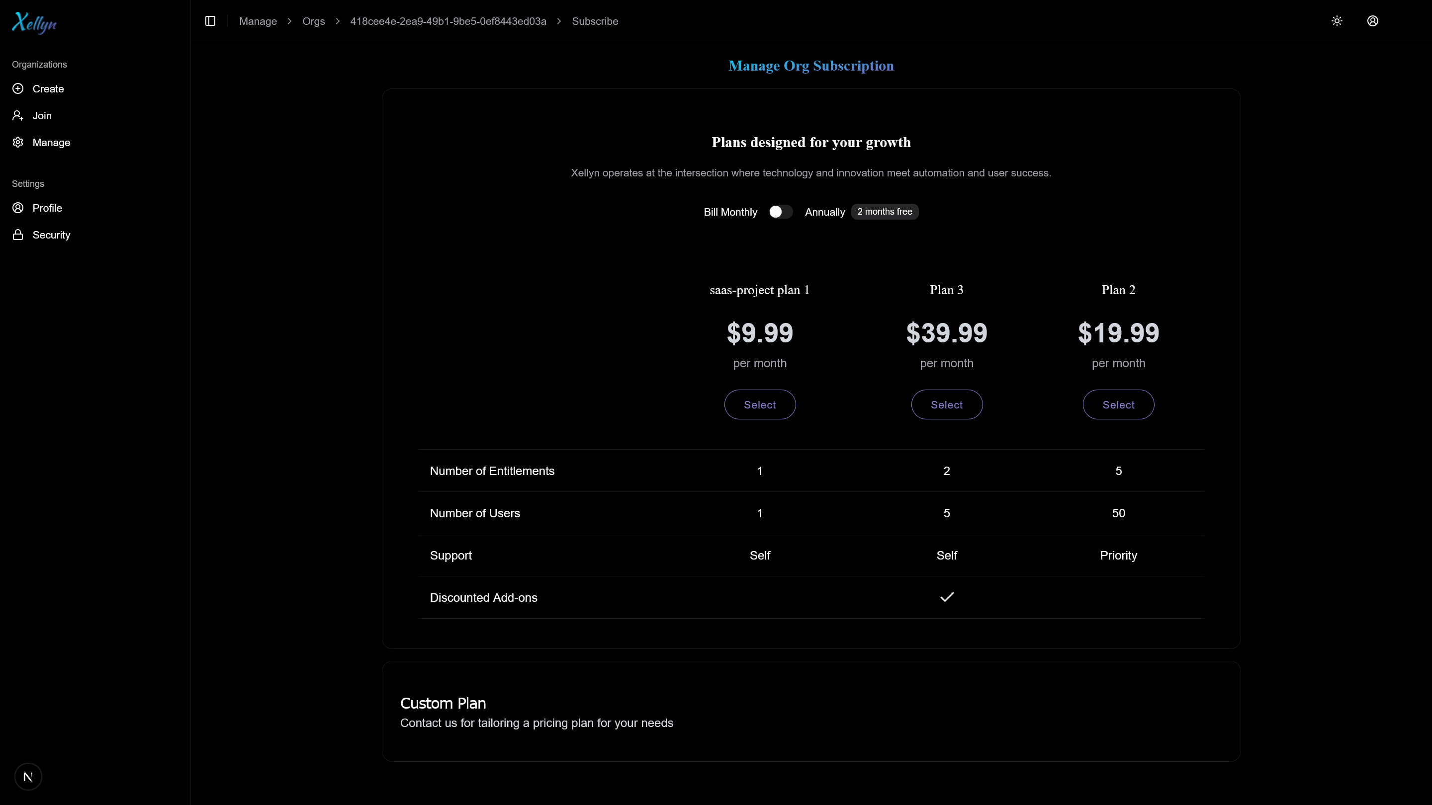 Product image showing pricing page for customer subscriptions