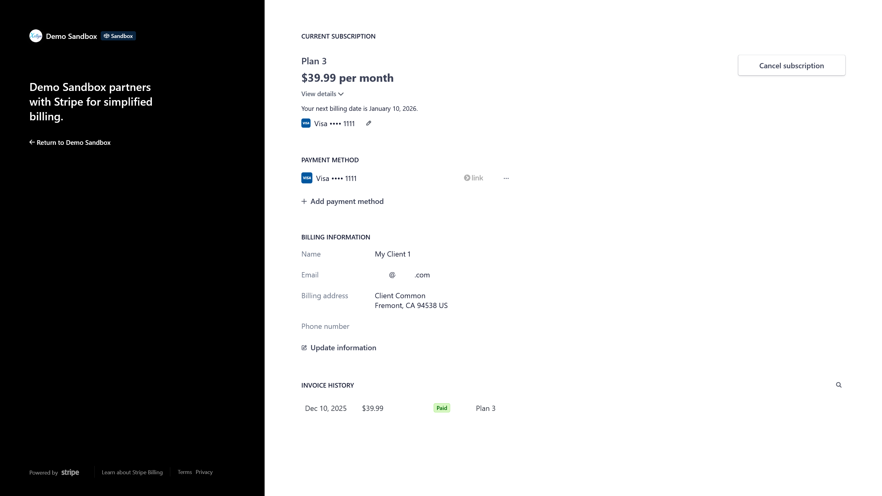Stripe image showing customer portal to manage billing